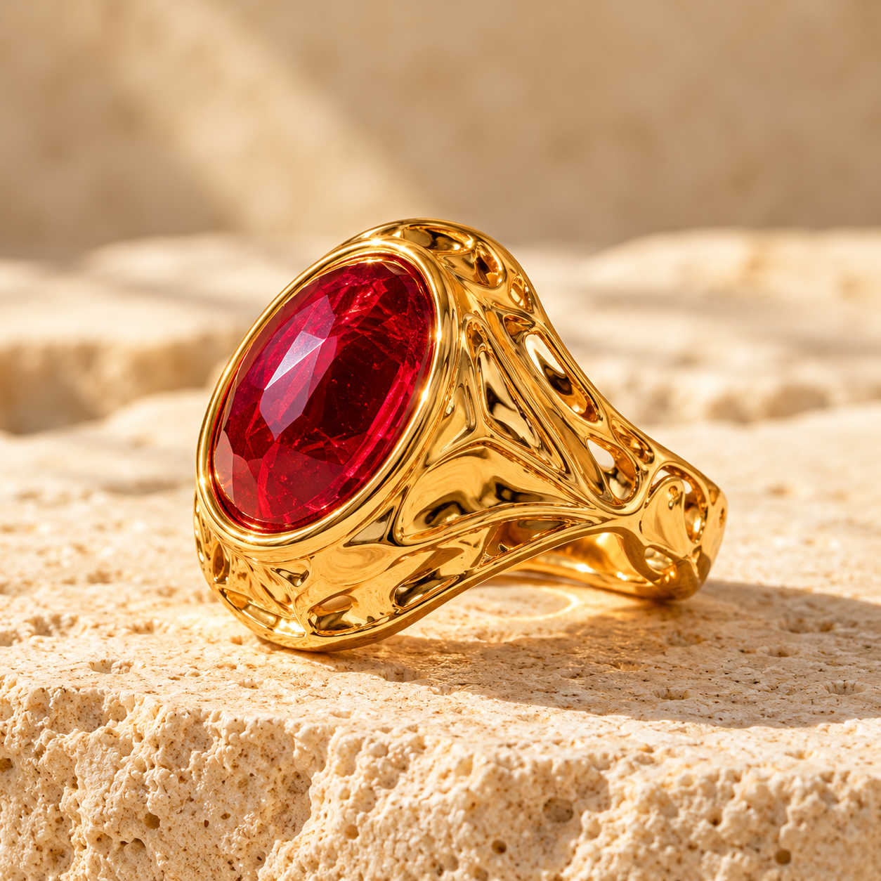Sculptural gold ring with a large oval ruby on sunlit sandstone